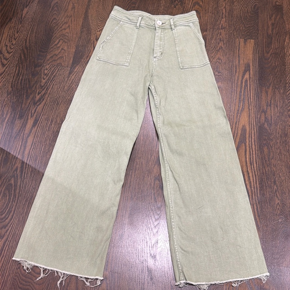 Miou Muse Olive Green High Rise Wide Leg Jeans Raw Hem